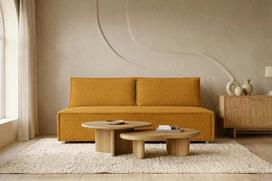Kaiser Möbel - Sofa su miego funkcija ir lovos dėže, dvivietė sofa, sofa lova su patalynės dėže, sulankstoma sofa, sofa lova, patogi sofa svetainei, miegamajam ir paauglių kambariui, Duo, garstyčių spalvos
