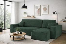 Kaiser Möbel, kampinė sofa su miego funkcija, su lovos dėže, geriausia sofa lova, dizainerio sofa, modernaus dizaino sofa, minkštas kampas, laisvai pastatoma, storas velvetas, žalia dešinė