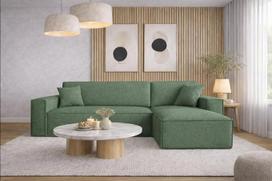 Kaiser Möbel, kampinė sofa su miego funkcija, su lovos dėže, geriausia sofa lova, dizainerio L formos sofa, modernaus dizaino sofa, minkštas kampas, laisvai pastatoma, audinys Neve Green Right