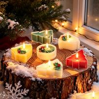 Kalėdinės žvakės „Tea Lights“ – 12 vnt. rinkinys, eglutės formos / vainiko formos