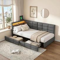 Kampinė sofa lova 90 x 200 cm su laikymo vieta ir LED apšvietimu, sofa lova su stalčiais ir skersiniu rėmu, minkšta L formos sofa lova, taupanti erdvę svetainėje ir svečių kambaryje