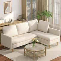 Kampinė sofa su miego funkcija, "L" formos sofa-lova, 3 sėdimųjų vietų, iš minkšto frotinio audinio, modulinė sofa su lovos funkcija, skirta svetainei ar svečių kambariui, smėlio spalvos