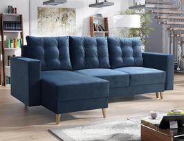 Kampinė sofa „Bergen Navy“, L formos – 235 x 90 x 145 cm – sofa-lova su daiktų dėže ir miego funkcija – kampinė sofa su daiktų laikymo vieta ir medinėmis kojomis, pagalvėlė – „Kronos 09“ audinys