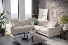 Kampinė sofa „Malibu Max“, 250 x 250 cm, su miego funkcija, terakotos spalvos audiniu, reguliuojamais atlošais ir porankiais (smėlio spalvos, kairioji pusė)