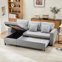 Kampinė sofa-lova su miego funkcija ir daiktų laikymo dėže, universali šoninė kampinė sofa, L formos (P x G x A), 231 x 140 x 85 cm, apmušta kampinė sofa su šoninėmis kišenėmis ir pagalvėlėmis, svetainės sofa, pilka