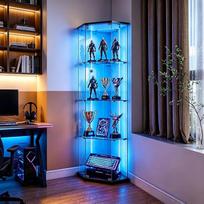 Kampinė stiklinė vitrina su 1 durelėmis ir spyna, 162 cm aukščio stovinti kampinė vitrina su LED apšvietimu, 4 lygmenų kampinė vitrina, kolekcionierių vitrina, pagaminta iš