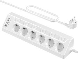 Kampinis elektros išplėtimo blokas su apsauga nuo įtampos šuolių ir USB-C jungtimi, 6 lizdų stalinis išplėtimo blokas, daugializdis išplėtimo blokas su 2 m kabeliu (3680 W, 16 A), skirtas montuoti ant sienos virtuvėje ir namų biure