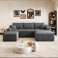 Kampinis sofos-lova – 241 cm, su debesų motyvu, modulinė sofos-lova, U formos sofa su pufu, sekcinės sofos svetainei, surinkimo nereikia