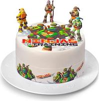 Kardasis Teenage Mutant Ninja Turtles Cake Topper ir 3D figūrėlės | Valgomasis Topperis tortams ir pyragams | Torto dekoracijos TNMT teminiam gimtadieniui | 20 cm + 4 juostelės 28 x 4 cm + 3 3D figūrėlės