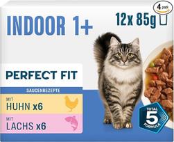 Katėms skirtos porcijų pakuotės „Indoor 1+“, 4 x 12 x 85 g: vištiena ir daržovės bei lašiša ir morkos padaže (48 pakuočių rinkinys)