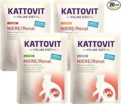 Kattovit Feline Diet Kidney / Renal Wet Food 20 x 85 g mišinio pakuotė | Dietinis maistas katėms, sergančioms inkstų nepakankamumu | 4 rūšys: jautiena, vištiena, kalakutiena ir antis + 1 grietinėlės pakelis nemokamai