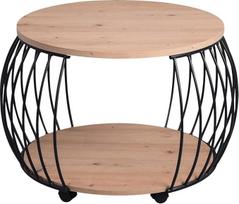 Kavos staliukas su ratukais ir laikikliu, skersmuo 60 cm, "Artisan Oak Decor", juodas, metalinis rėmas, svetainės staliukas, sofos staliukas