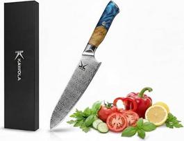 KAWOLA damaskinis virtuvinis peilis „Santoku“ – virėjo peilis, 21 cm | Virtuvinis peilis iš damaskinio plieno | „Santoku“ peilis iš damaskinio plieno | Damaskinis peilis dovanų dėžutėje | Japonietiškas virėjo peilis