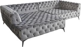 KAWOLA Chesterfield NARLA aksominė kampinė sofa, didelė 3-vietė sofa su šezlongu, kairėje pusėje, metalinės kojelės (P x A x G) 279 x 71 x 190 cm, sidabrinė pilka