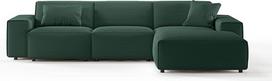 KAWOLA „Rani“ kampinė sofa iš velvetinio audinio, smaragdo spalvos, su šezlongu, dešinėje pusėje