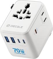 Kelioninis adapteris visame pasaulyje, universalus kelioninis kištukas su 3 USB-C (GaN 70W), 2 USB-A ir 1 kintamosios srovės kištukiniu lizdu, tarptautinis kištukinis lizdas, universalus kintamosios srovės adapteris ES, JK, JAV, AU (baltas)