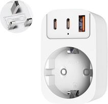 Kelioninis adapteris: Jungtinės Karalystės, Anglijos, Vokietijos kelioninis kištukas su 2 „Type C“ ir 1 „USB-A“ jungtimis; G tipo adapteris, skirtas Jungtinei Karalystei, Singapūrui, Airijai, Dubajui, Škotijai, Honkongui, Katarui, Maltai – baltas