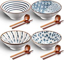 Keraminių ramen dubenėlių rinkinys: 4 dideli japonų stiliaus ramen dubenėliai su lazdelėmis, šaukštais ir lentynėlėmis. Keraminiai ramen, azijietiškų sriubų, salotų ir makaronų dubenėliai