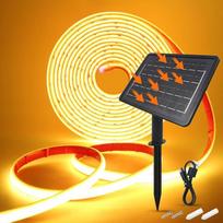 KISUFU Saulės šviesos diodų juosta, 24 V COB 320 LED/m IP68 vandeniui atspari saulės neoninių šviesos diodų juosta su 2400 mAh USB 8 režimų saulės elementų dėžutės valdikliu sodui, verandai, balkonui, pavėsinei.