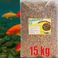 Koi pašaras, 4 rūšių mišinys, plūduriuojančios 6 mm granulės 15 kg maiše, skirtos kasdieniniam šėrimui ištisus metus, su kviečių daigais, pipirais, spirulina ir aliejais