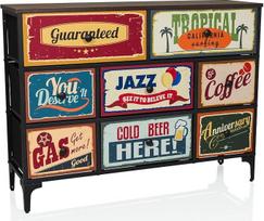 Komoda su 8 stalčiais, pagaminta iš neaustinės medžiagos „America B“, 102,5 x 30 x 77,5 cm, „vintage“ stiliaus su motyvais, metalinis rėmas