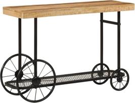 Konsolinis staliukas iš masyvios mangmedžio medienos su milteliniu būdu dažytu geležies rėmu, 112x36x76 cm, su groteline lentynėle, skirtas prieškambariui, svetainei, miegamajam, biurui, daiktų laikymui ir dekoravimui