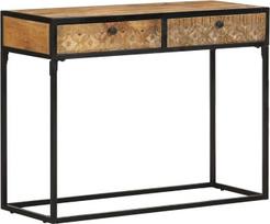 Konsolinis staliukas iš masyvios mangmedžio medienos su milteliniu dažymu padengtu plieniniu rėmu, 100x35x75 cm, su stalčiais, skirtas prieškambariui, svetainei, biurui – pramoninio stiliaus daiktų laikymo pagalbinis staliukas