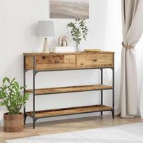 Konsolinis staliukas su lentynėle iš senos medienos, 100 x 25 x 75 cm, pagamintas iš medžio plaušo plokščių ir plieninio rėmo, su 2 stalčiais, daiktų laikymo vieta, skirta svetainei, koridoriui, prieškambariui; funkcionalus pagalbinis staliukas su lentynė