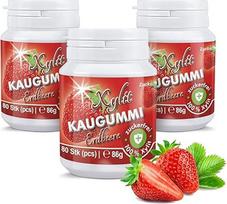 Kramtomoji guma su ksilitoliu - "Bye Caries": 240 dantų priežiūros kramtomųjų gumų be cukraus - 100% be ksilitolio, be aspartamo, veganiška, malonus kvapas ir gaivus burnos kvapas, braškių skonio (3 skardinės)