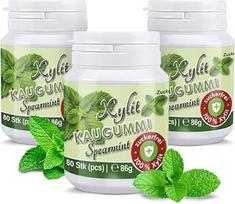 Ksilitolio kramtomoji guma – „Bye Caries“: 240 be cukraus dantų priežiūros kramtomųjų gumų – 100 % be ksilitolio, be aspartamo, tinka veganams – malonus kvapas ir gaivus burnos jausmas – pipirmėčių skonio (3 skardinės)