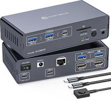 KVM doko stotis dviem nešiojamiesiems kompiuteriams, 2 monitoriams, 4K @ 60 Hz, USB-C 3.2, KVM komutatorius 2 kompiuteriams, bendrai naudojama „12-in-1“ doko stotis su 100 W PD ir LAN prievadu
