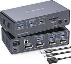 KVM doko stotis, 4K, 120 Hz, „DisplayPort“, USB-C, KVM perjungiklis, 2 kompiuteriai, 2 monitoriai | „DisplayPort“ 14-in-1 dviejų monitorių KVM perjungikliai, skirti nešiojamiesiems ir stacionariesiems kompiuteriams, palaiko PD įkrovimą iki 100 W su 20 V n