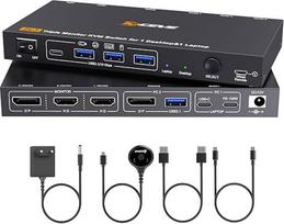KVM komutatorius su trimis monitoriais, skirtas 1 nešiojamajam kompiuteriui ir 1 stacionariam kompiuteriui, 4K @ 60 Hz, MST | USB 3.1 KVM komutatorius 2 kompiuteriams ir 3 monitoriams su USB-C, HDMI, DP jungtimis, 4 USB įrenginių dalijimosi funkcija, 100