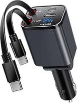 Kwak's ištraukiamas automobilinis įkroviklis, "4-in-1" USB C cigarečių žiebtuvėlio adapteris su dvigubu C tipo kabeliu, greitasis įkrovimas, suderinamas su "iPhone 16 15", "Samsung S25/24/23/22" (Type-C + Type-C)