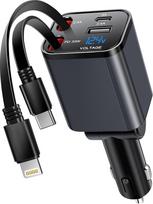 Kwak's ištraukiamas automobilinis įkroviklis, "4-in-1" USB C cigarečių žiebtuvėlio adapteris su dvigubu C tipo kabeliu, greitasis įkrovimas, suderinamas su "iPhone 16 15", "Samsung S25/24/23/22" (C tipo + "Apple")