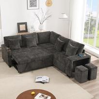 L formos išskleidžiama sofa-lova, kampinė sofa-lova su miego funkcija ir daiktų laikymo vieta, gėrimų laikiklis, platūs porankiai, komplekte su pagalvėmis, idealiai tinka svetainei ir namų kino teatrui (pilka)