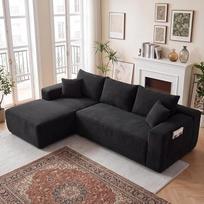 L formos modulinė kampinė sofa, juoda – lankstus derinimas, „Teddy Fleece“ medžiaga | Sofa-lova su 5 pagalvėlėmis ir šoninėmis kišenėmis, vakuuminiu būdu supakuota, 3-vietė, L formos sofa, skirta butų svetainėms, 263 x 168 x 79 cm