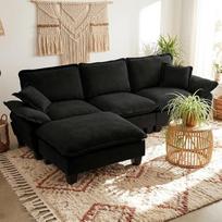 L formos sofa-lova su miego funkcija, sofa-lova su nuimamais porankiais ir 1 judamuoju pufu, 3-vietė sofa, „Cloud Couch“, šenilė, juoda-A, 264 x 155 x 90 cm