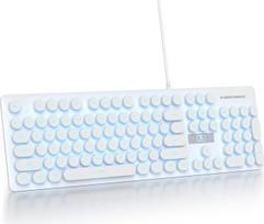 Laidinė žaidimų klaviatūra, primenanti rašomąją mašinėlę, 104 klavišai, membraninė, su LED apšvietimu, JAV išdėstymas (QWERTY), su apvaliais klavišais, skirta kompiuteriui/PC/nešiojamajam kompiuteriui/„Windows“, balta