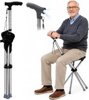 Laikiklis su sėdynėle ir LED žibintuvėliu, reguliuojamas aukštis 74–96 cm, sulankstoma vaikščiojimo pagalba vyresnio amžiaus žmonėms, apkrova iki 150 kg, idealiai tinka kasdieniam naudojimui, žygiams ir veiklai lauke (baterijos į komplektą neįeina)