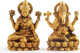 Lakšmi Ganėšo statulėlė „Murti“ – skulptūra iš žalvario, sudėtingo dizaino, skirta religiniam dekoravimui namuose, biure, šventykloje, vestuvėms ir dovanai (Lakšmi Ganėšas)