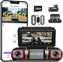 LAMTTO 4 kanalų automobilinė vaizdo kamera (priekinė, galinė ir salono vaizdas), 5 GHz „Wi-Fi“, 360 laipsnių automobilinė vaizdo kamera su 128GB SD kortele, 3,16 colio IPS ekranu, naktinio matymo infraraudonųjų spindulių funkcija, 24/7 stovėjimo stebėjim