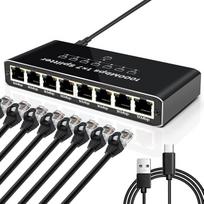 LAN skirstytuvas 1 į 7, Gigabit Ethernet 1000Mbps, RJ45 tinklo skirstytuvas su USB-C maitinimo šaltiniu, 7 prievadų LAN skirstytuvas, skirtas maršrutizatoriui, kompiuteriui, IPTV, išmaniosioms kameroms ir kt. (be komutatoriaus)