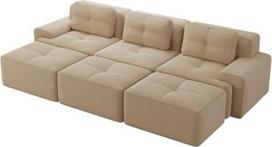 Lankstus kordinis minkštasuolis, "Boneless Cloud Sofa Set" (Ecksofa & 3 Hocker), modulinė sofa-lova be šoninės sienelės, saugi, smėlio spalvos