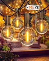 Lauko girliandinės lemputės, 36 m, reguliuojamo ryškumo G40 LED girliandinės lemputės, maitinimas | 50+2 G40 lemputės, IP65 atsparumas vandeniui, atsparios sudužimui, sujungiamos 2700K LED girliandinės lemputės, skirtos balkonui, sodui, terasai, vestuvėms