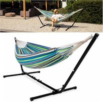 Lauko hamakas su rėmu 2 žmonėms, 205 kg, reguliuojamas rėmo ilgis 290-330 cm, gulimas paviršius 241 x 160 cm, su krepšiu (mėlyna/žalia)