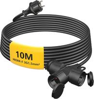 Lauko ilgintuvas 10 m su 3 "Schuko" lizdais, guminis ilgintuvas 3500 W su apsauginiu dangteliu, skirtas naudoti lauke, IP44, maitinimo kabelis H05RR-F 3G 1,5 mm² su 3 krypčių skirstytuvu, 16 A/250 V, juodas