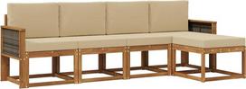 Lauko kampinis sofų komplektas iš akacijų medžio, 5 dalių modulinis poilsio komplektas su pagalvėlėmis, patvarūs terasos baldai, 249 x 122,5 x 73 cm, natūralios ir smėlio spalvos