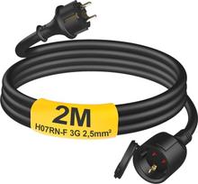 Lauko prailginimo kabelis, 2 m, su apsauginiu dangteliu, H07RN-F 3G, 2,5 mm², guminis maitinimo kabelio prailginimas su „Schuko“ kištuku, skirtas naudoti lauke, IP44, elektros kabelis lauko sąlygoms, 3500 W, 16 A, 250 V, juodos spalvos