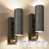 Lauko sieninis šviestuvas su judesio jutikliu, 230 V, Nerūdijančio plieno LED lauko sieninis šviestuvas, šviečiantis į viršų ir į apačią, IP54 atsparus vandeniui PIR lauko šviestuvas su 4 x 5 W GU10 3000 K šiltos baltos spalvos lemputėmis, skirtas lauko n